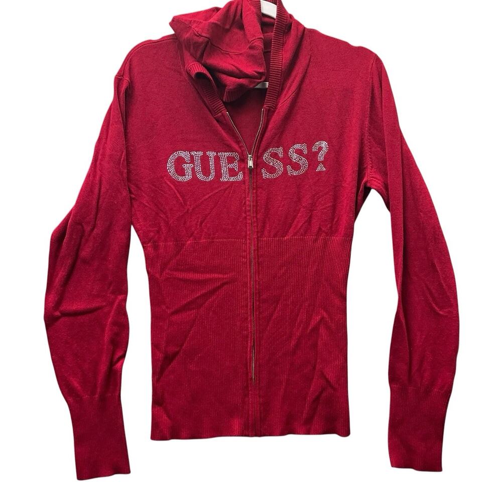 Vintage Y2K Guess Hoodie Sweater Full Zip Rhinestone Grunge Bling Sz. XL